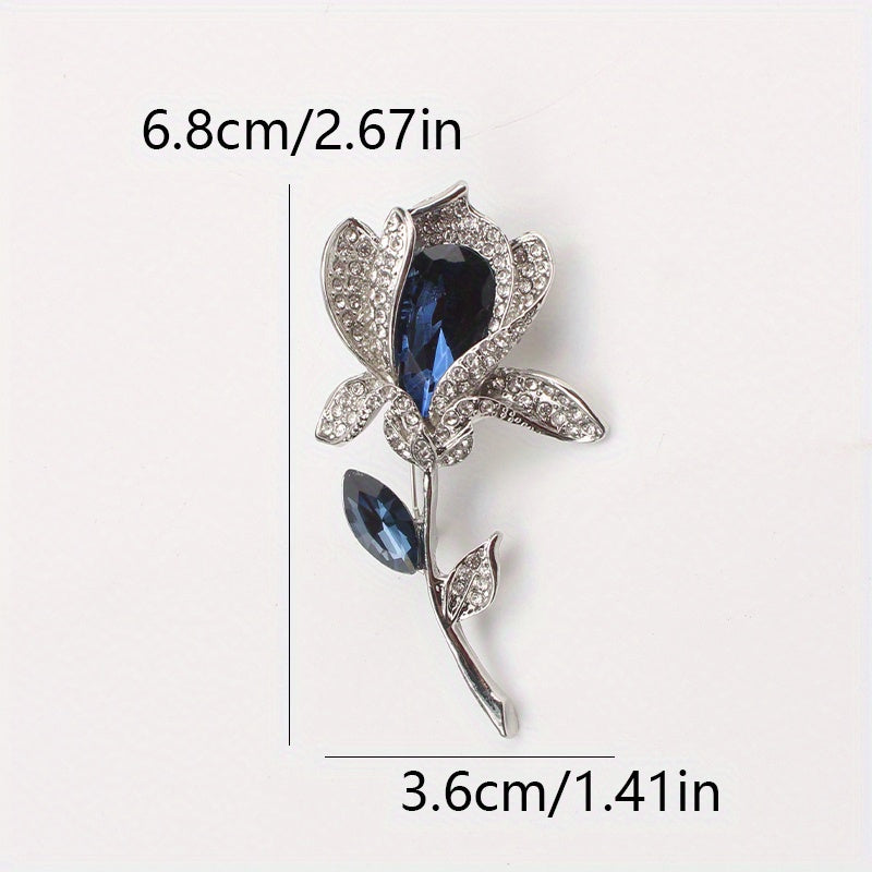 Vintage Style Tulip Brooch Pin with Blue Rhinestones and Silver-Tone Embellishments