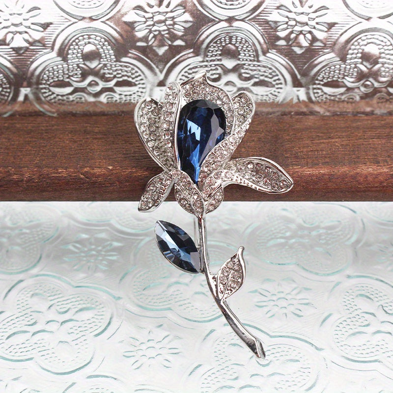 Vintage Style Tulip Brooch Pin with Blue Rhinestones and Silver-Tone Embellishments