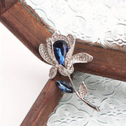 Vintage Style Tulip Brooch Pin with Blue Rhinestones and Silver-Tone Embellishments