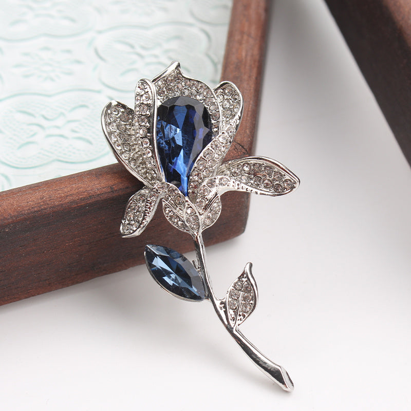 Vintage Style Tulip Brooch Pin with Blue Rhinestones and Silver-Tone Embellishments
