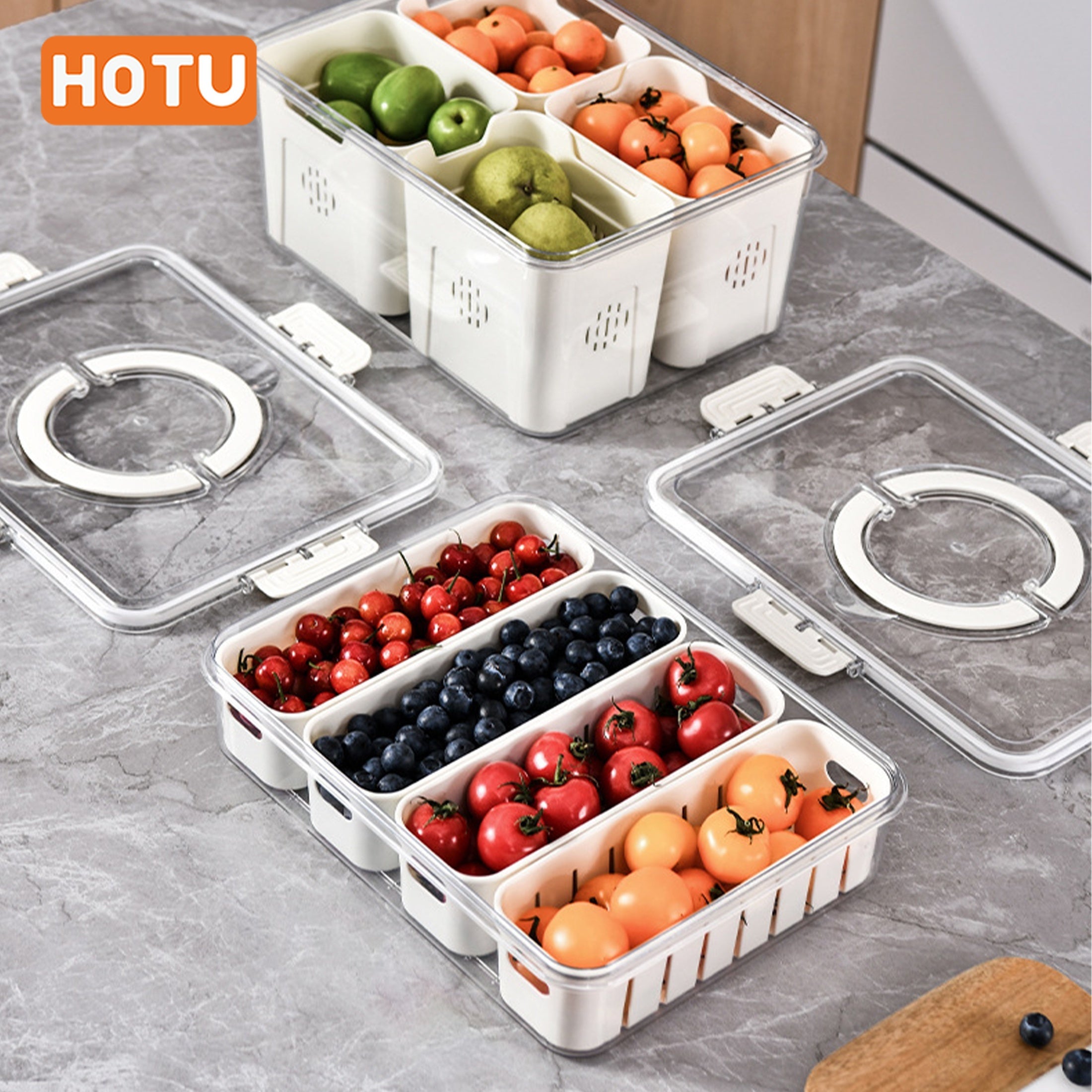 4-Section Refrigerator Storage Container with Lid for Fruits and Vegetables Durable Plastic