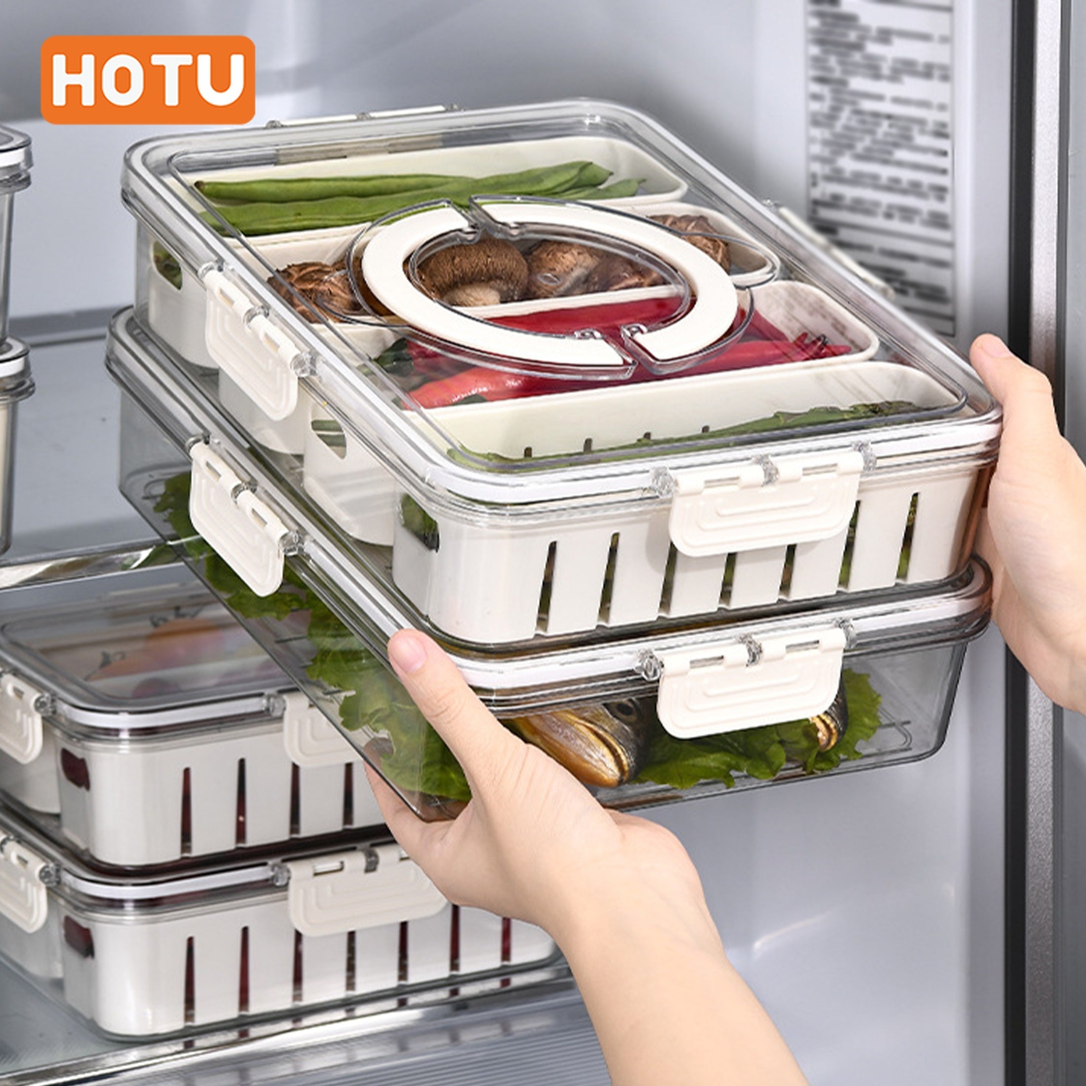 4-Section Refrigerator Storage Container with Lid for Fruits and Vegetables Durable Plastic