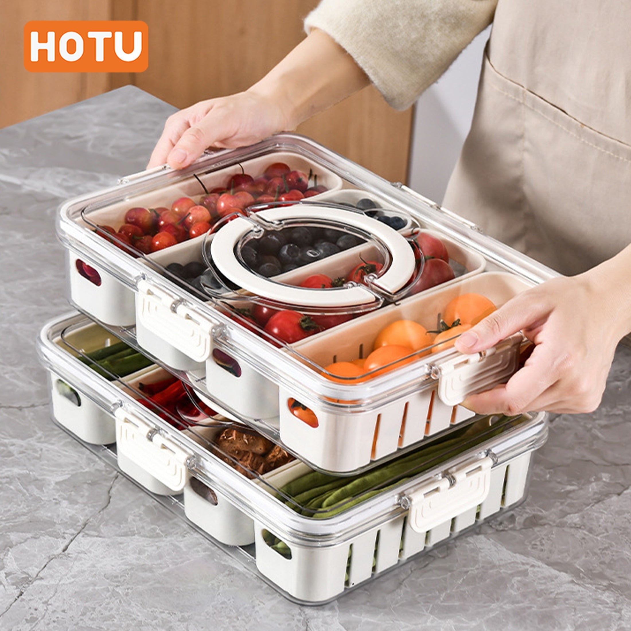 4-Section Refrigerator Storage Container with Lid for Fruits and Vegetables Durable Plastic