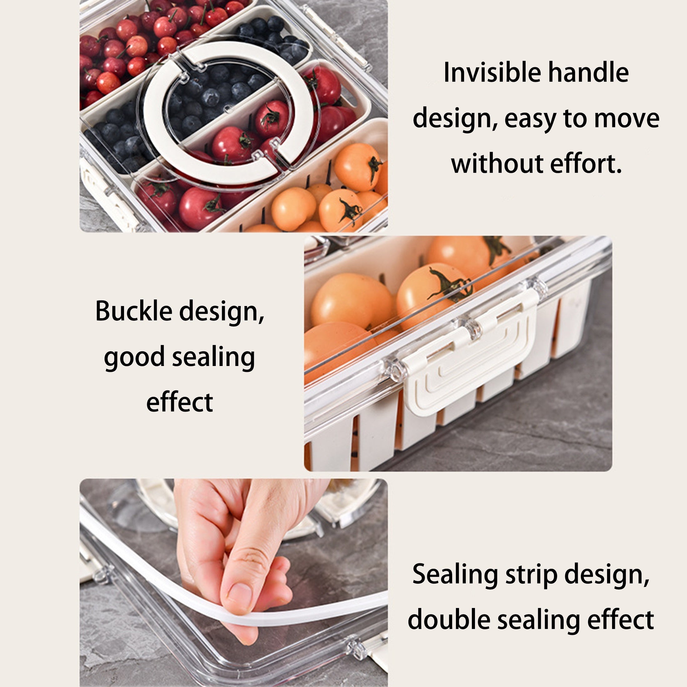 4-Section Refrigerator Storage Container with Lid for Fruits and Vegetables Durable Plastic