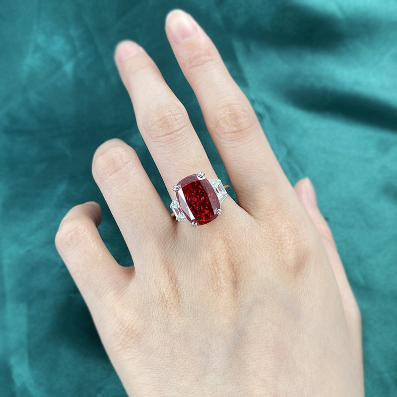 925 Sterling Silver Vintage-Inspired Synthetic Red Gemstone Ring, Unplated, Bold Statement Piece for Everyday and Vacation Looks, Suitable for All Seasons, Unique Padparadscha-Inspired Design, Perfect for Halloween, 11 grams, Size 11x15.
