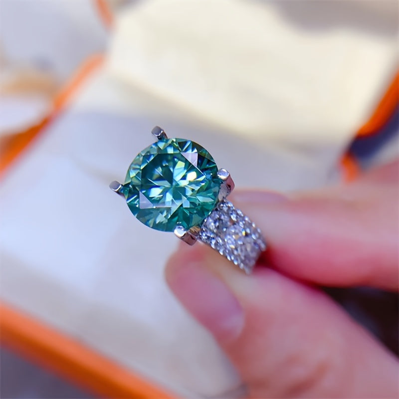 Sterling Silver Promise Ring with 10ct Blue-Green Moissanite and 18K Gold Plating