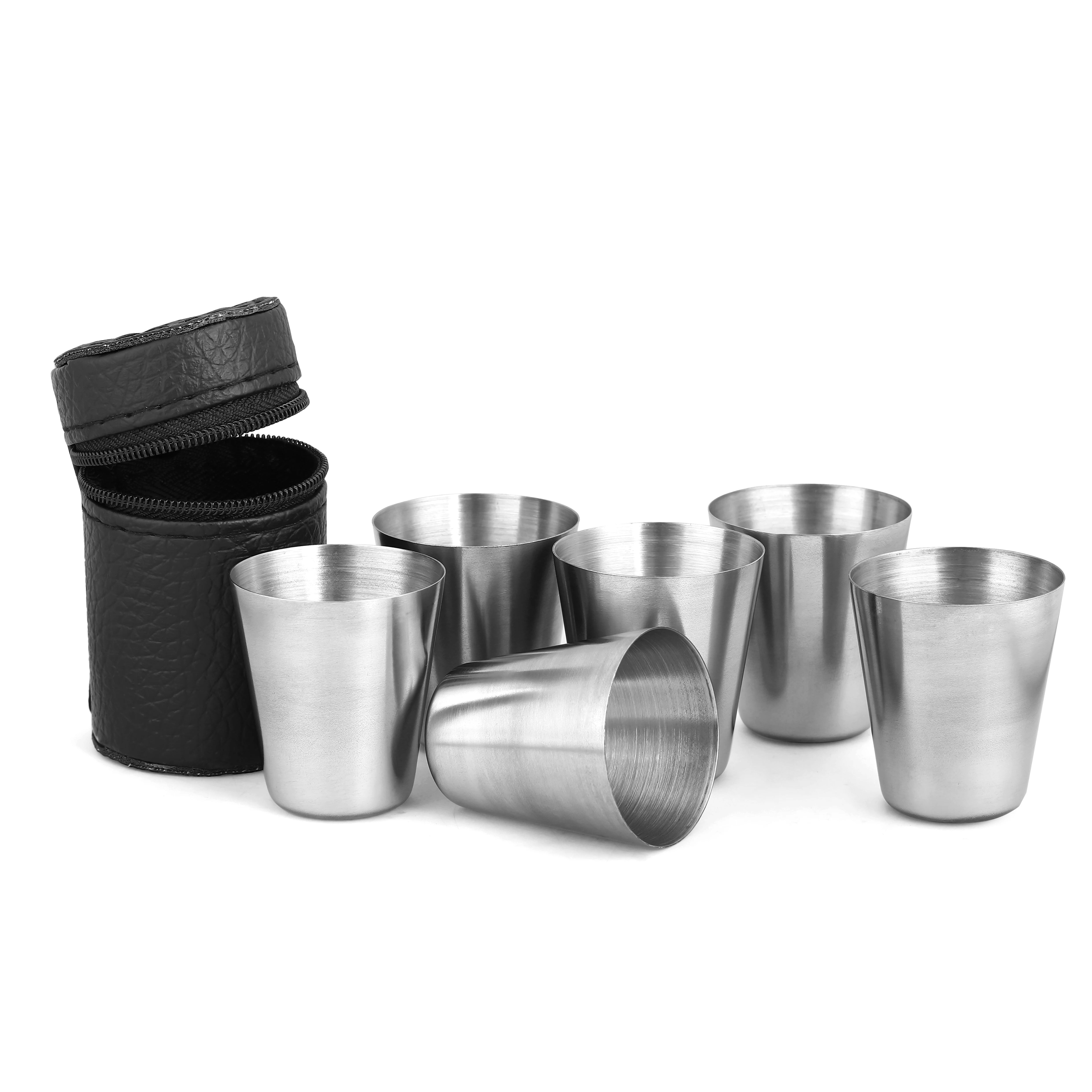 5-Piece Stainless Steel Drinkware Set with Black Faux Leather Carrying Case for Outdoor Use