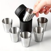 5-Piece Stainless Steel Drinkware Set with Black Faux Leather Carrying Case for Outdoor Use