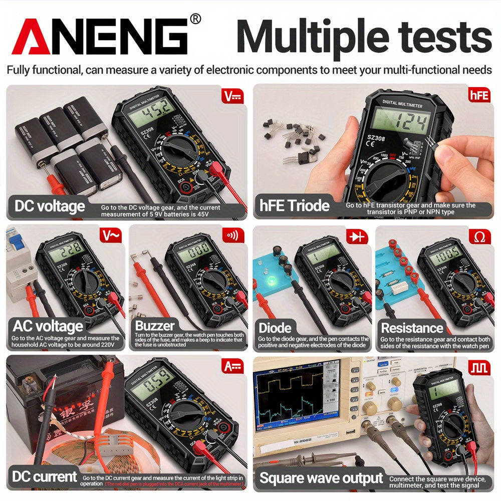Digital Multimeter 1999 Counts AC/DC Voltage Current Tester with Square Wave and HFE Triode