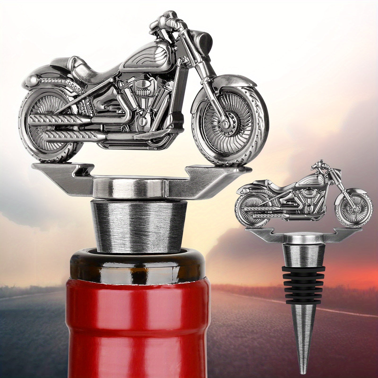 Vintage mototsikl mavzusidagi vino to'xtatuvchisi, ikki chiqish quvurlari bilan - vino va shampanni saqlash uchun mukammal, har qanday tadbir uchun noyob sovg'a.