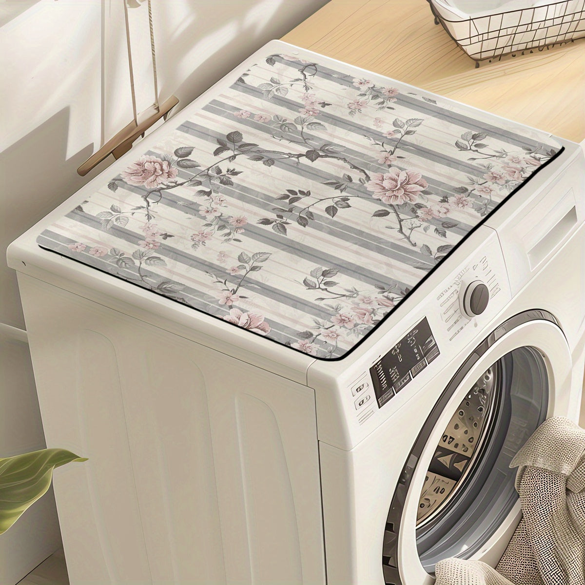 Rubber-Backed Laundry Machine Dust Cover Watercolor Branches Leaves Kitchen Bathroom