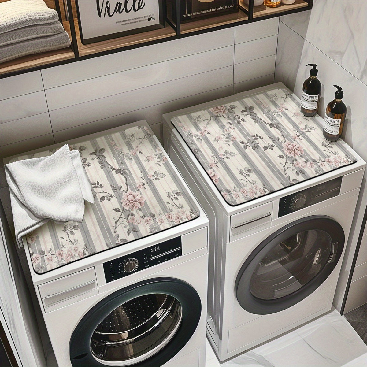 Rubber-Backed Laundry Machine Dust Cover Watercolor Branches Leaves Kitchen Bathroom