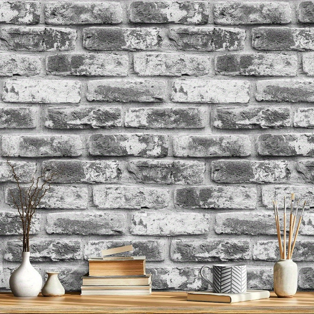 Gray Brick Wallpaper Roll Self-Adhesive Vinyl Contact Paper for Kitchen Bedroom Countertops