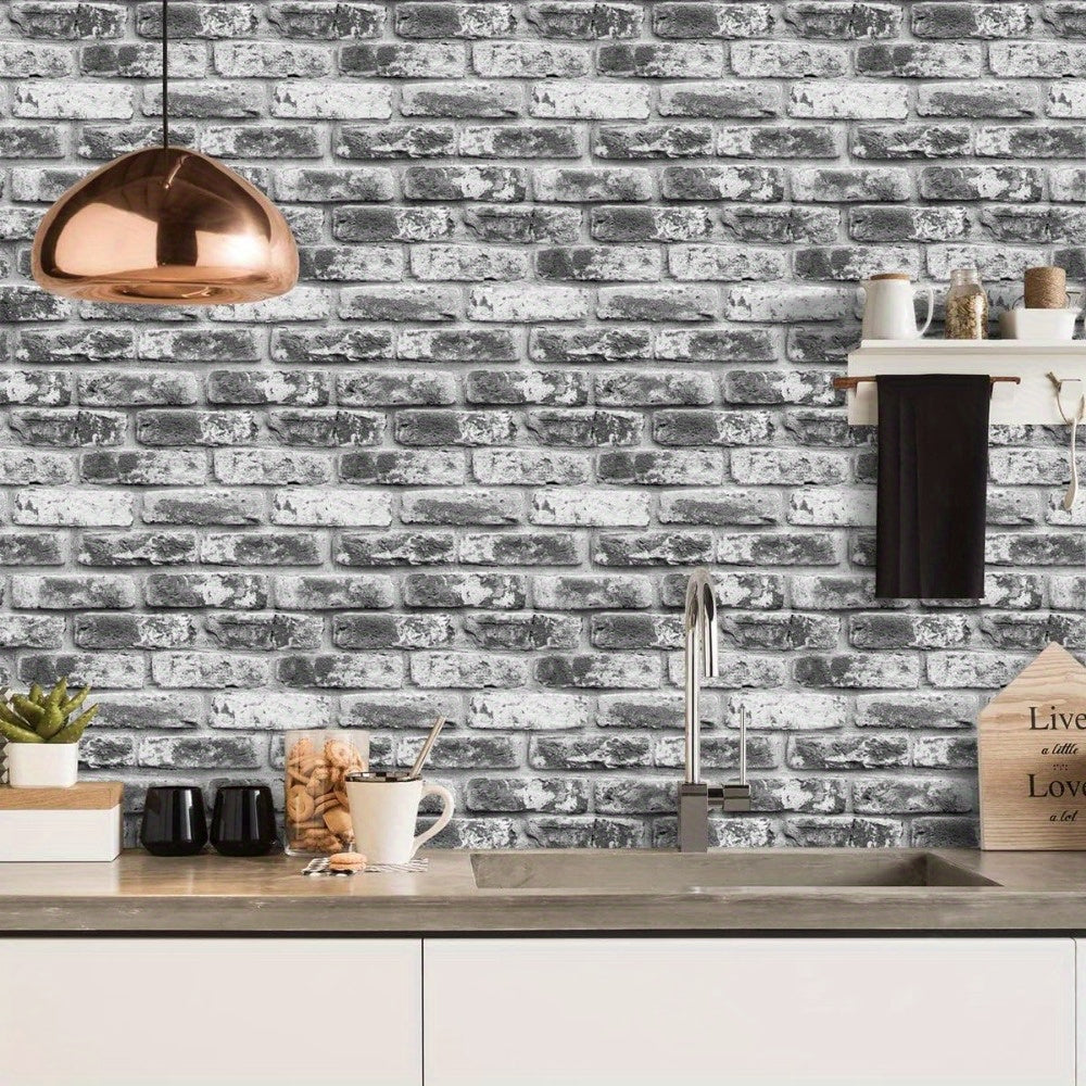 Gray Brick Wallpaper Roll Self-Adhesive Vinyl Contact Paper for Kitchen Bedroom Countertops