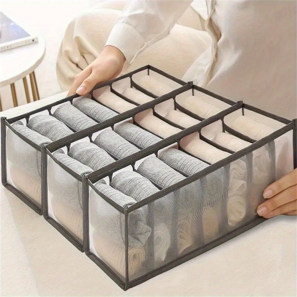 Set of Three Polyester Fiber Wardrobe Organizer Bins with 7 Grids for Underwear Socks and Ties