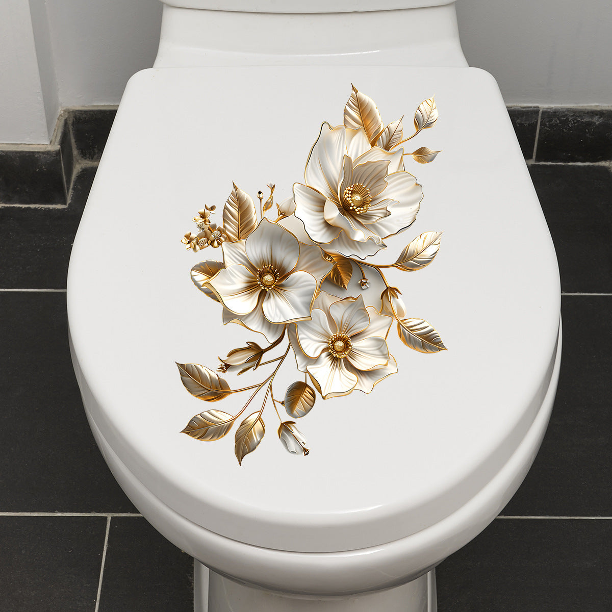 Decal de tapa de inodoro floral con acabado mate, acento en oro, hojas, autoadhesivo, decoración de baño en cerámica