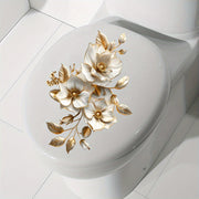 Decal de tapa de inodoro floral con acabado mate, acento en oro, hojas, autoadhesivo, decoración de baño en cerámica