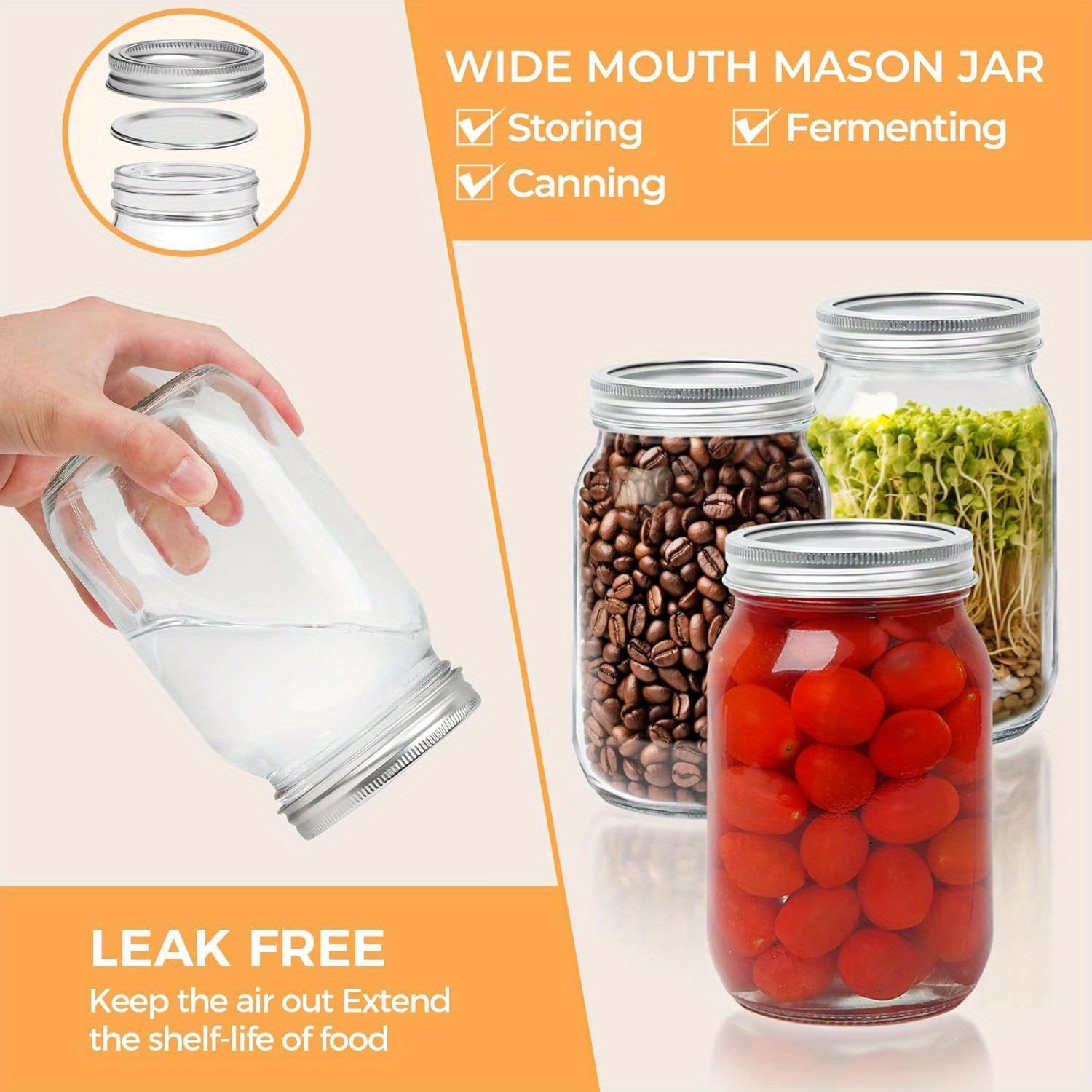 8 Pack 32oz Wide Mouth Mason Jars BPA-Free Glass Canning Jars with Airtight Lids