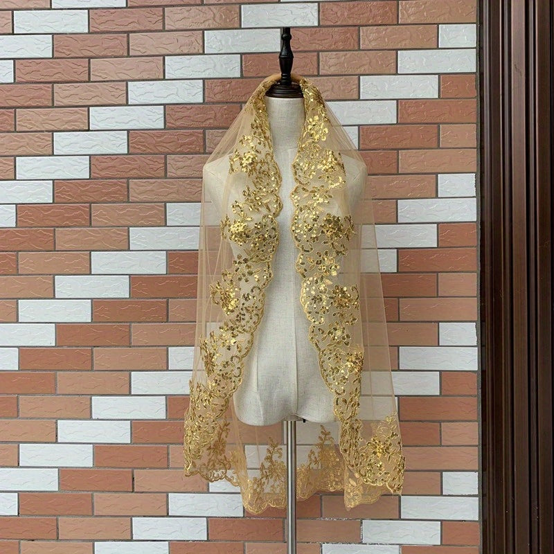 Oltin sequin tikanli toʻqilgan toʻylik tikanli toʻylik bilan qisqa toʻy aksessuari polyester tolasi