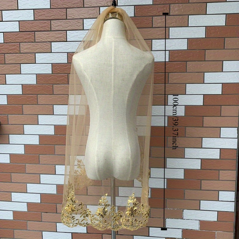 Oltin sequin tikanli toʻqilgan toʻylik tikanli toʻylik bilan qisqa toʻy aksessuari polyester tolasi