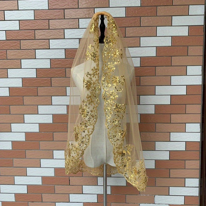 Oltin sequin tikanli toʻqilgan toʻylik tikanli toʻylik bilan qisqa toʻy aksessuari polyester tolasi