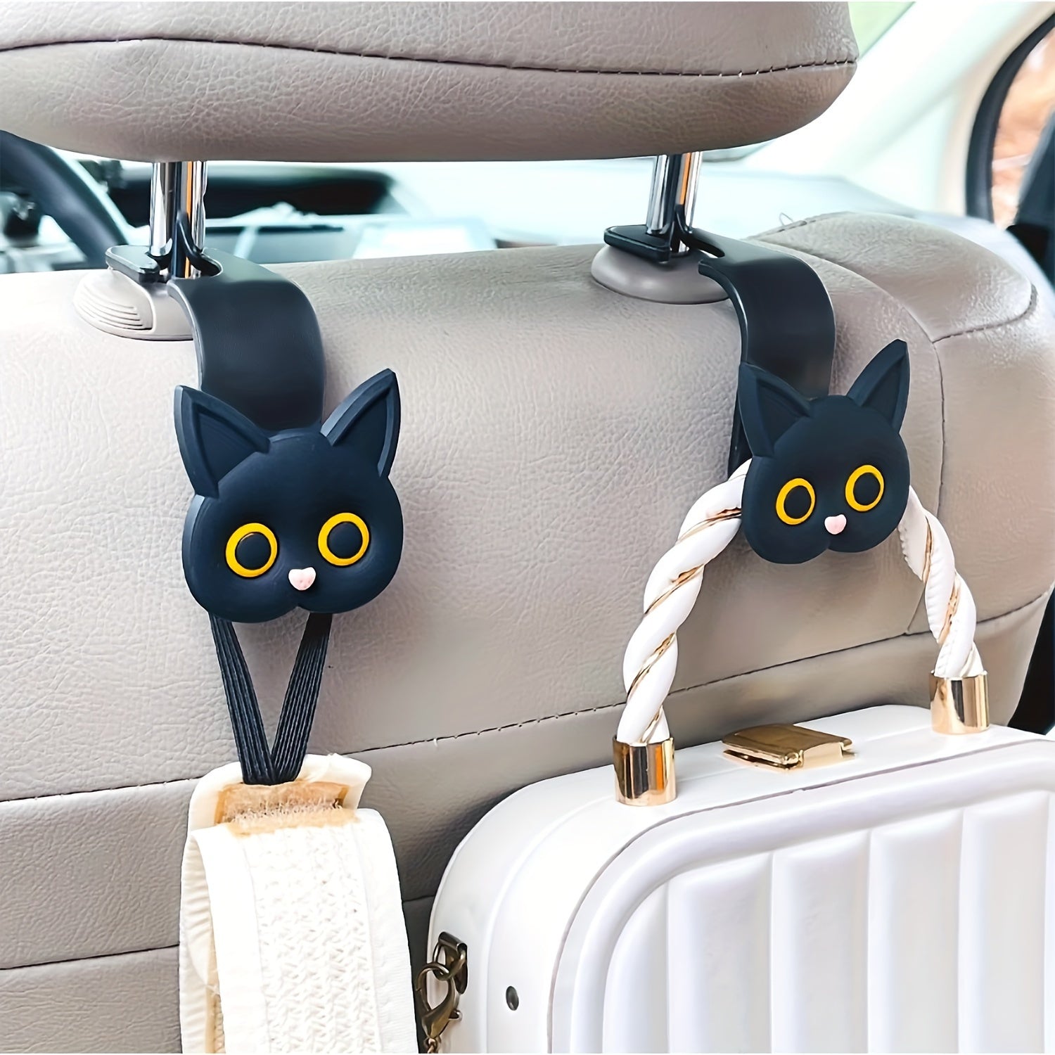 Juego de 2 ganchos de plástico con diseño de gato en 3D para reposacabezas de coche, colgadores para almacenamiento de bolsos y carteras