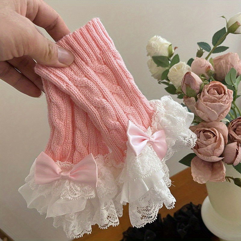 Acrylic Lace Ruffle Fingerless Gloves with Bow for Women Stylish Arm Warmers