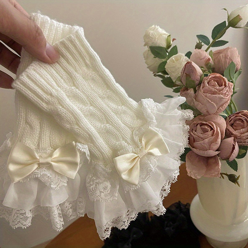 Acrylic Lace Ruffle Fingerless Gloves with Bow for Women Stylish Arm Warmers
