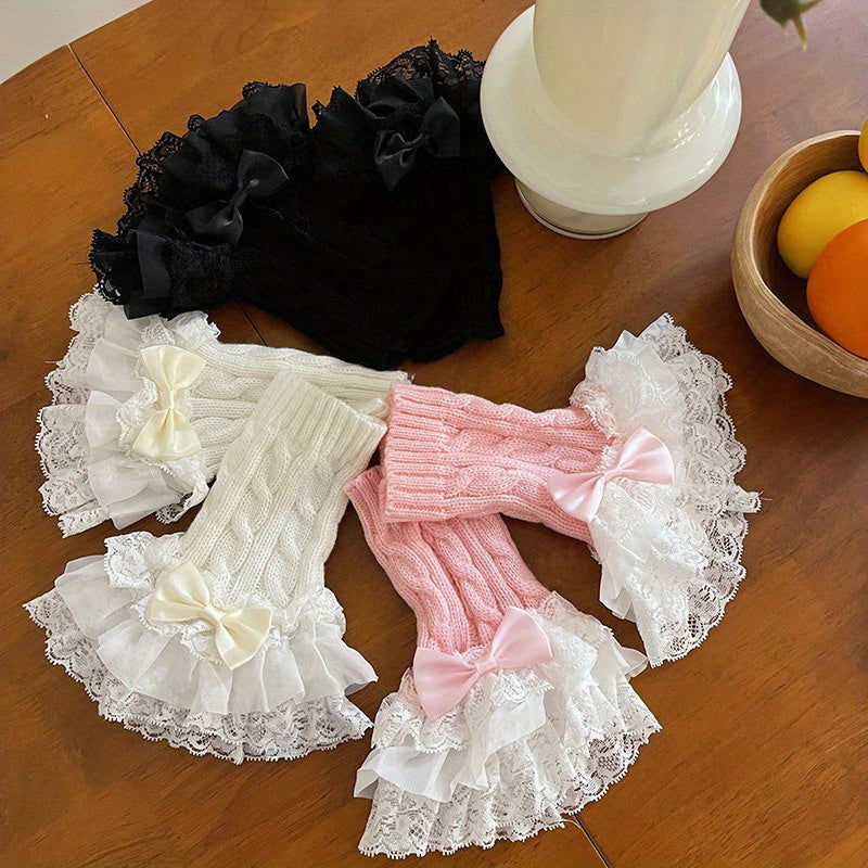 Acrylic Lace Ruffle Fingerless Gloves with Bow for Women Stylish Arm Warmers