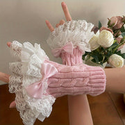 Acrylic Lace Ruffle Fingerless Gloves with Bow for Women Stylish Arm Warmers