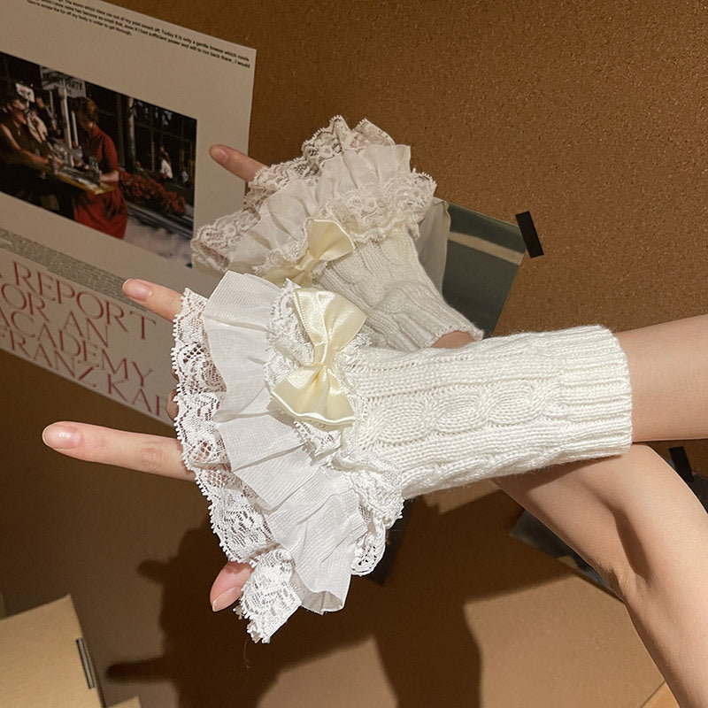Acrylic Lace Ruffle Fingerless Gloves with Bow for Women Stylish Arm Warmers