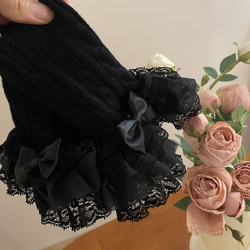 Acrylic Lace Ruffle Fingerless Gloves with Bow for Women Stylish Arm Warmers