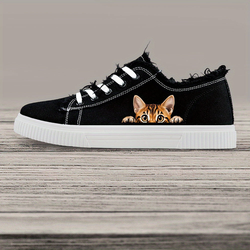 Women's Casual Canvas Sneakers Black White Skateboard Shoes Lace-Up