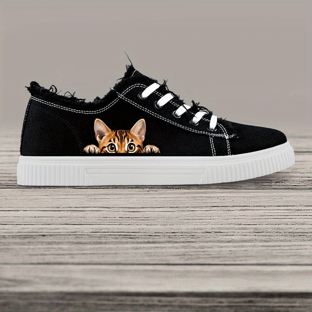 Women's Casual Canvas Sneakers Black White Skateboard Shoes Lace-Up