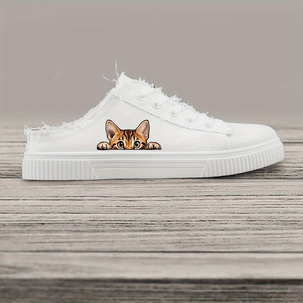 Women's Black and White Casual Sneakers with Cat Face Print Low Tops