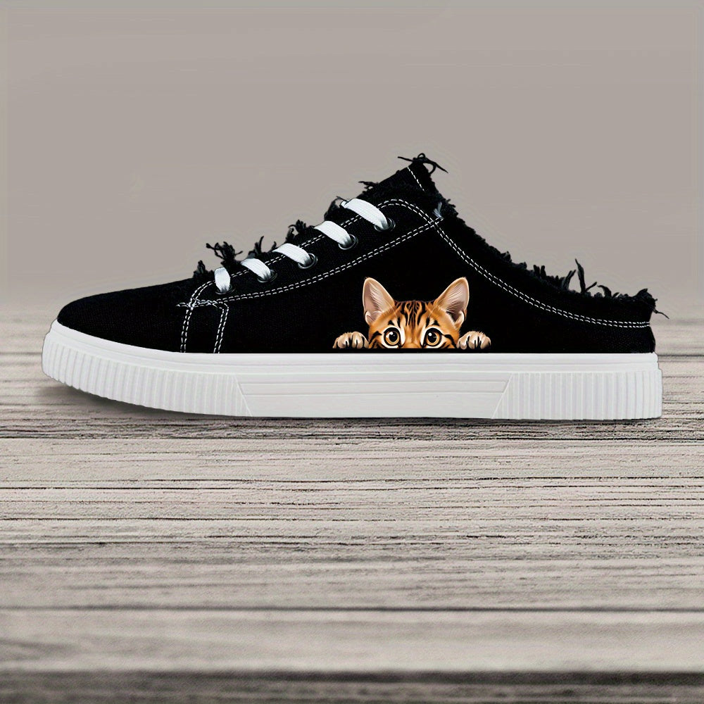 Women's Black and White Casual Sneakers with Cat Face Print Low Tops