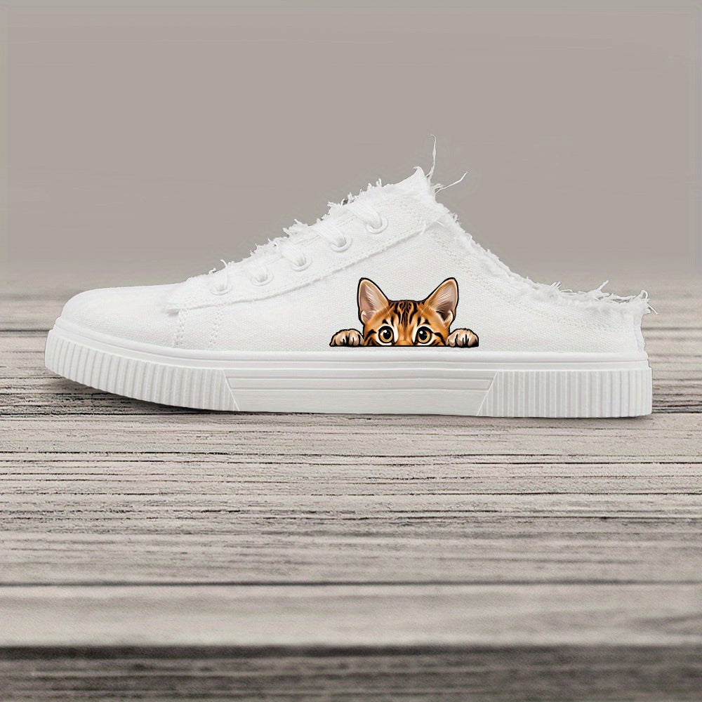 Women's Black and White Casual Sneakers with Cat Face Print Low Tops