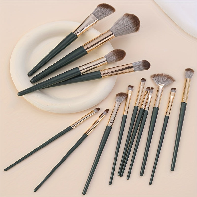 14-Piece Professional Makeup Brush Set with Green ABS Handles and Nylon Brushes for Normal Skin