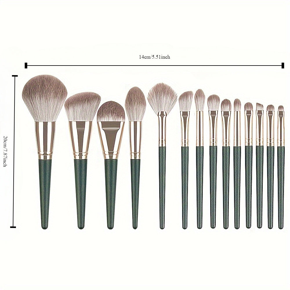14-Piece Professional Makeup Brush Set with Green ABS Handles and Nylon Brushes for Normal Skin