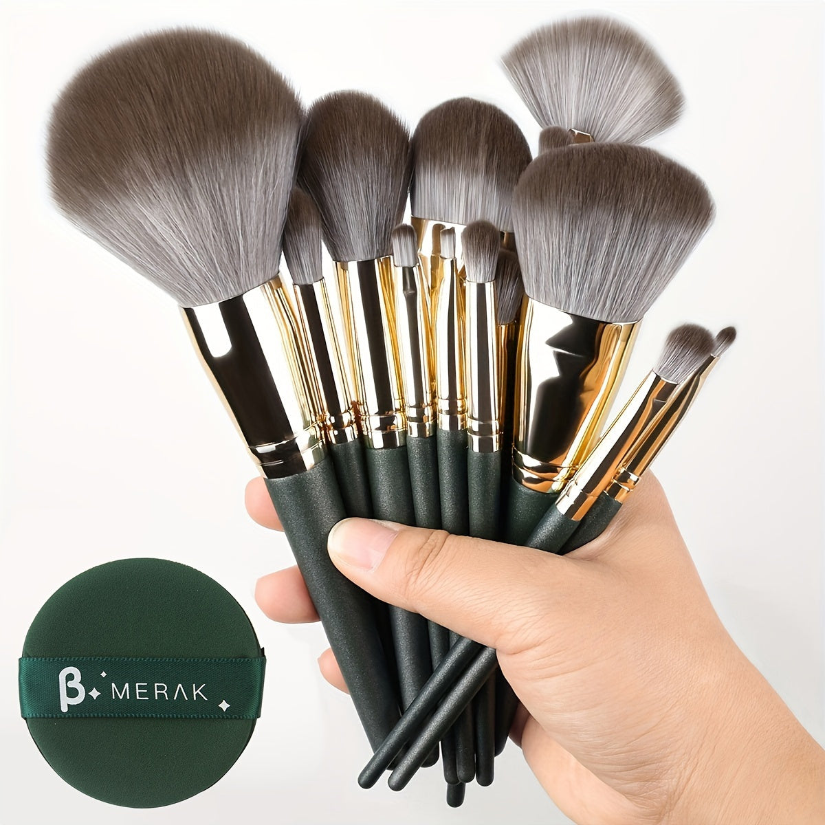 14-Piece Professional Makeup Brush Set with Green ABS Handles and Nylon Brushes for Normal Skin