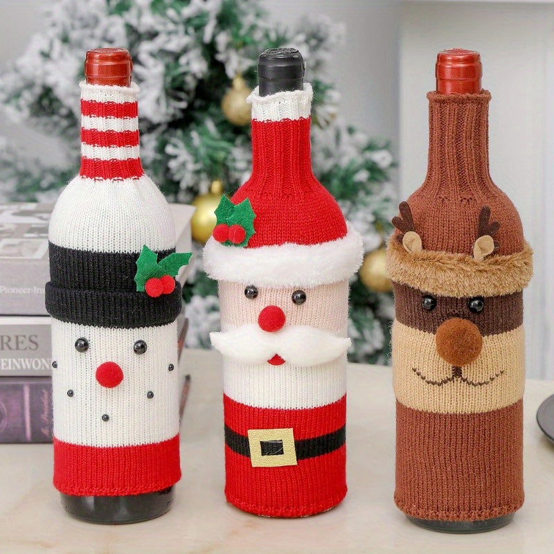Christmas Knit Bottle Cover Santa Snowman Reindeer Winter Decor Gift