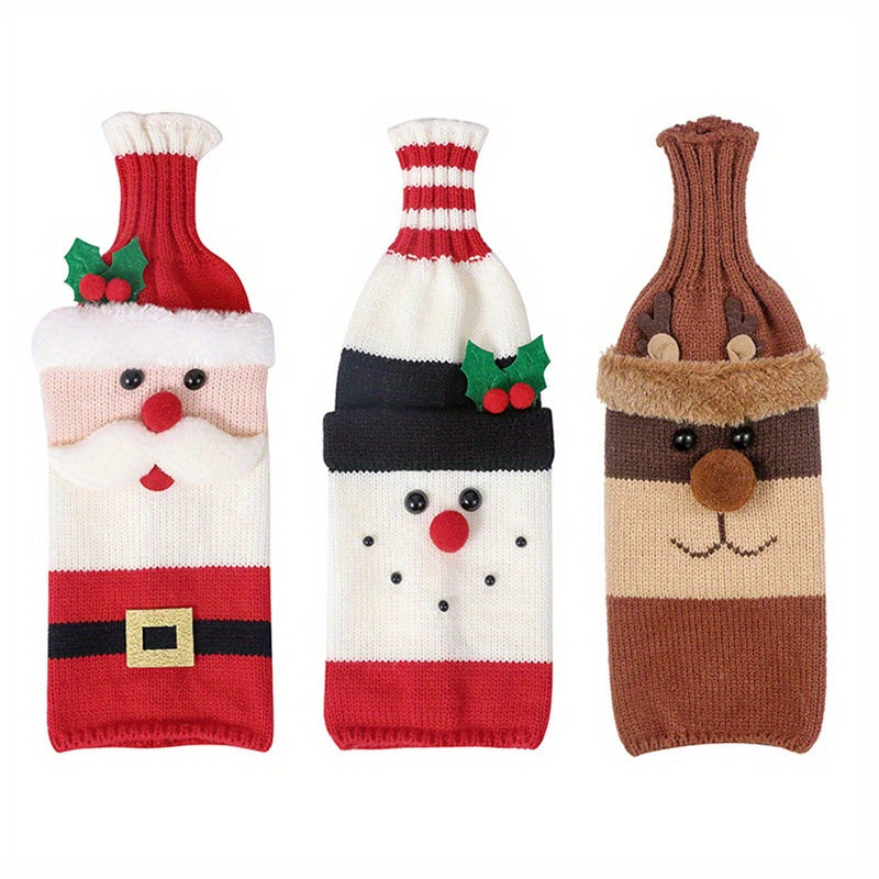 Christmas Knit Bottle Cover Santa Snowman Reindeer Winter Decor Gift