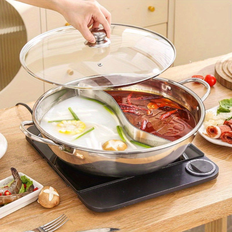 Double-Flavored Stainless Steel Hot Pot with Split Compartments for Gas and Induction Cooktops