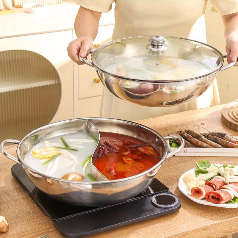 Double-Flavored Stainless Steel Hot Pot with Split Compartments for Gas and Induction Cooktops