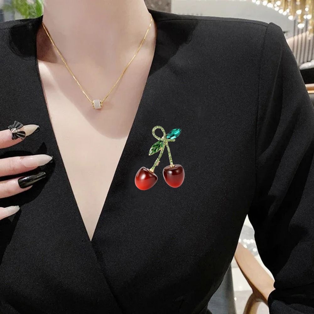 Crystal Cherry Brooch Pin for Women Rhinestone Dainty Lapel Jewelry