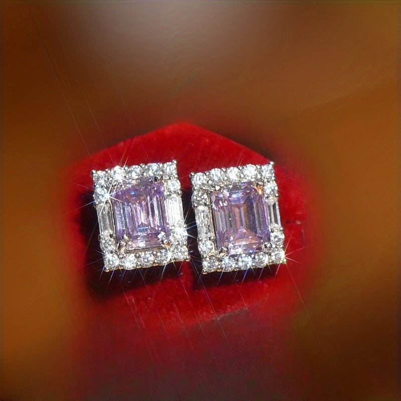 Purple Moissanite Square Stud Earrings 2 Carat Hypoallergenic Sterling Silver Wedding Party