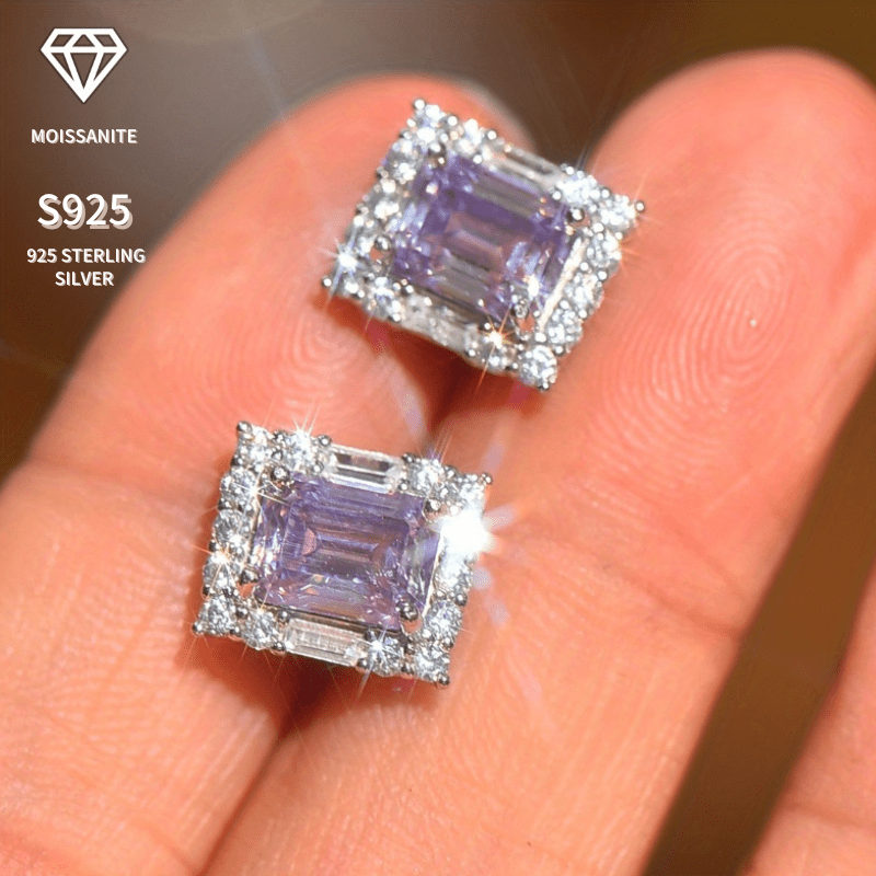 Purple Moissanite Square Stud Earrings 2 Carat Hypoallergenic Sterling Silver Wedding Party