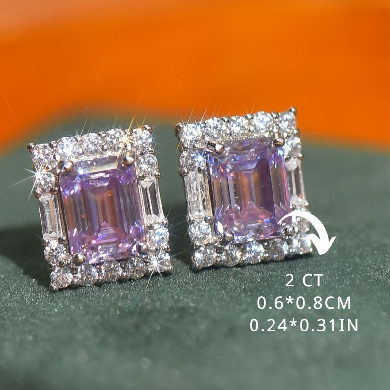 Purple Moissanite Square Stud Earrings 2 Carat Hypoallergenic Sterling Silver Wedding Party