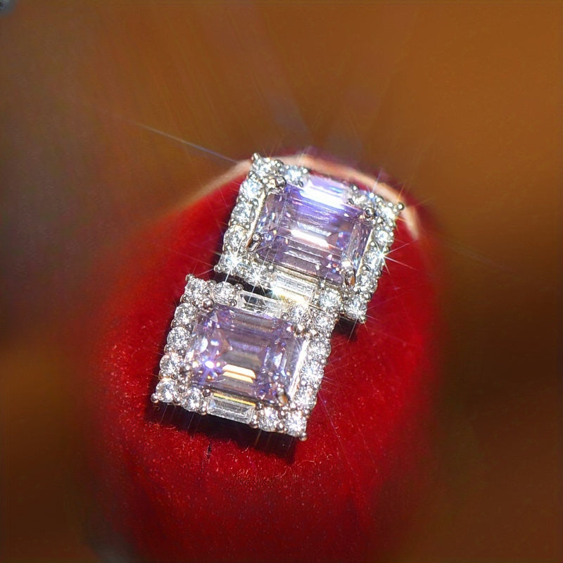 Purple Moissanite Square Stud Earrings 2 Carat Hypoallergenic Sterling Silver Wedding Party