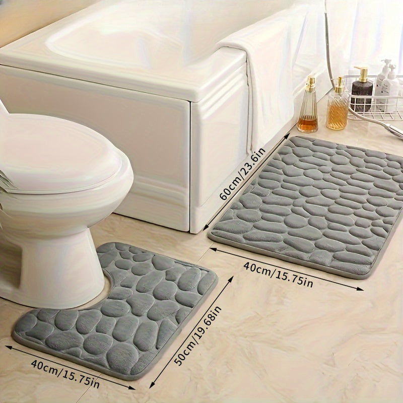2-Piece Soft Bath Mat Set Non-Slip Quick-Dry Stone Embossed 40x60cm & 40x50cm